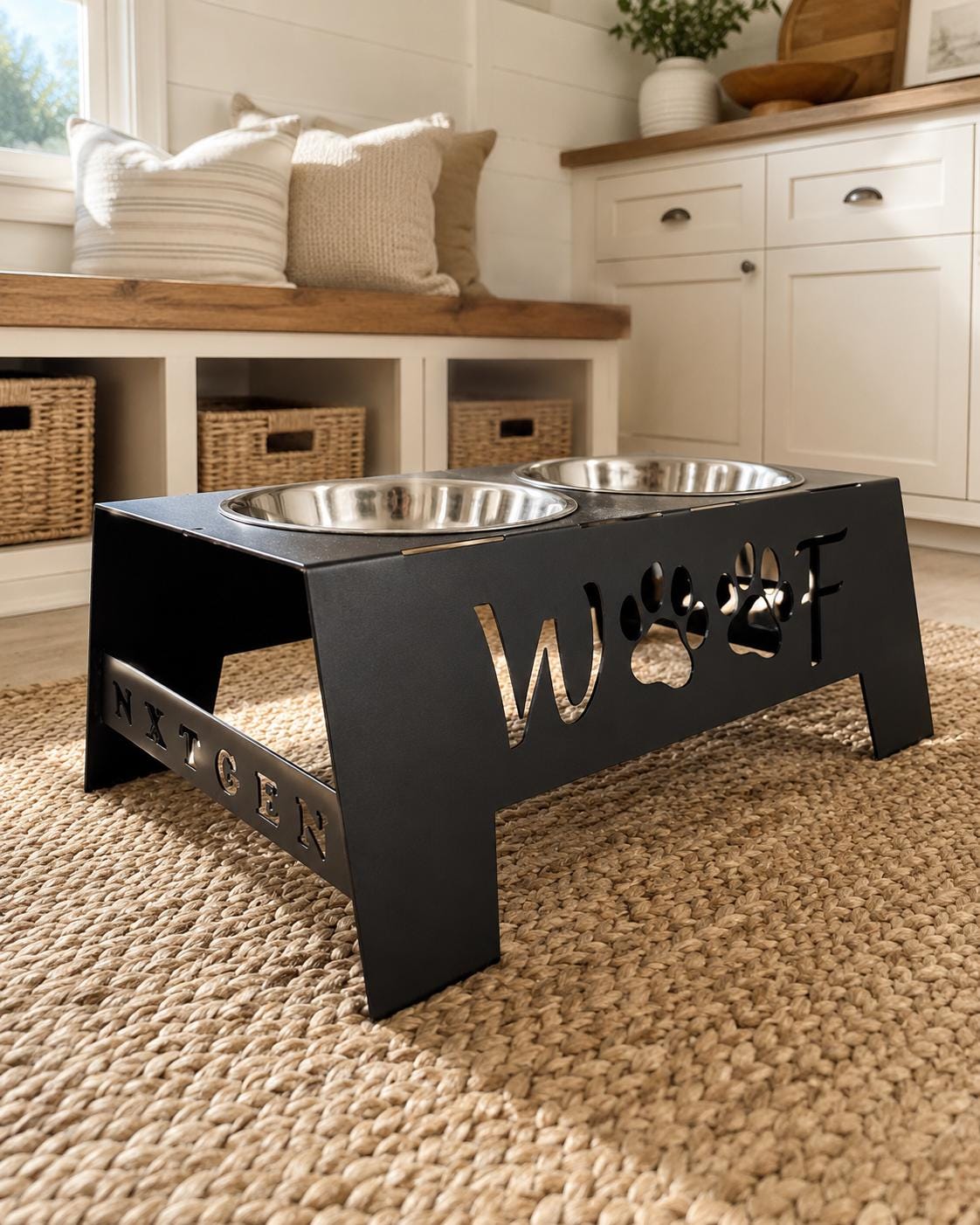 A black metal elevated pet feeder and water bowl stand with stainless steel bowls, placed on a woven rug in a bright home setting. The stand features cutout lettering and paw print details.