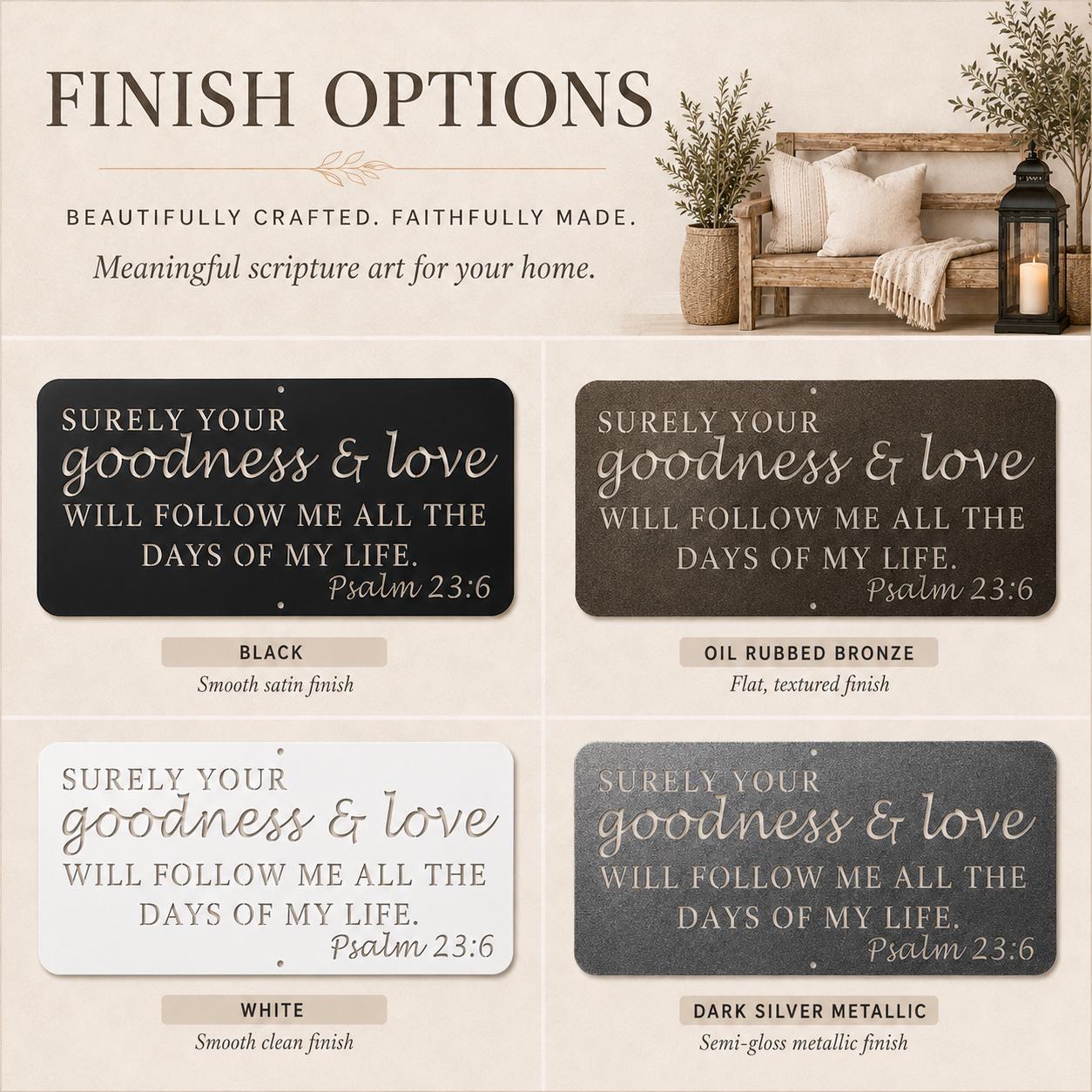 A finish options graphic showing four rectangular scripture wall art panels with different finishes: Black, Oil Rubbed Bronze, White, and Dark Silver Metallic. The top of the image reads 'FINISH OPTIONS' with decorative text about beautifully crafted scripture art for the home.
