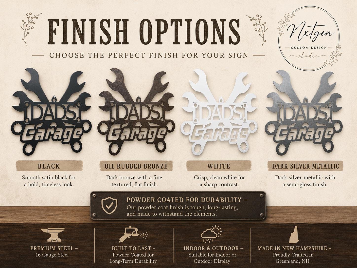 A finish options chart for a 'I DADS! Garage' metal sign by Nextgen Custom Signs Studio, showing four different finish choices: Black, Oil Rubbed Bronze, White, and Dark Silver Metallic, with descriptions and visual examples of the laser-cut wrench design.