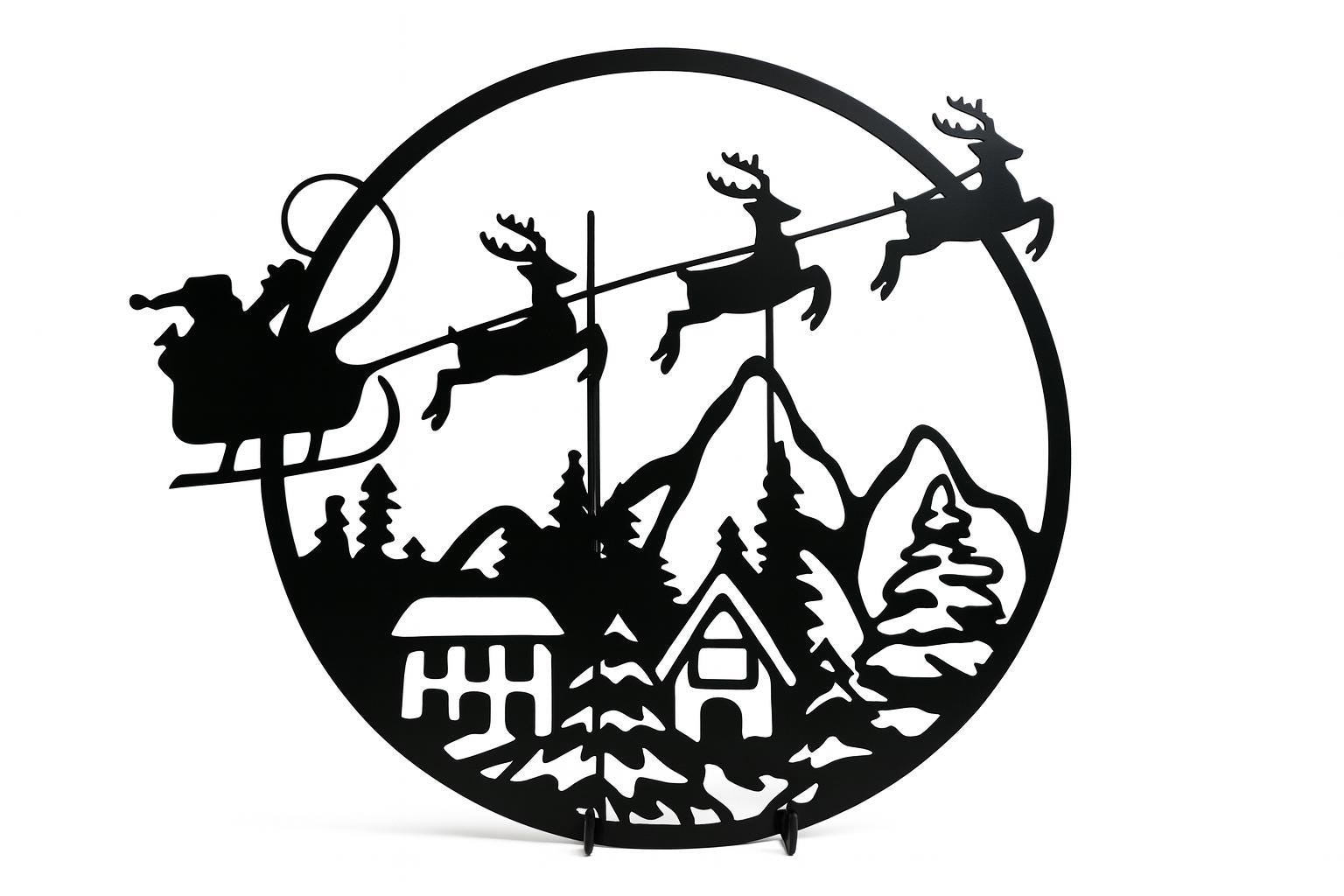 Decorative metal cutout of Santa Claus in a sleigh with reindeer flying over a mountain landscape.
