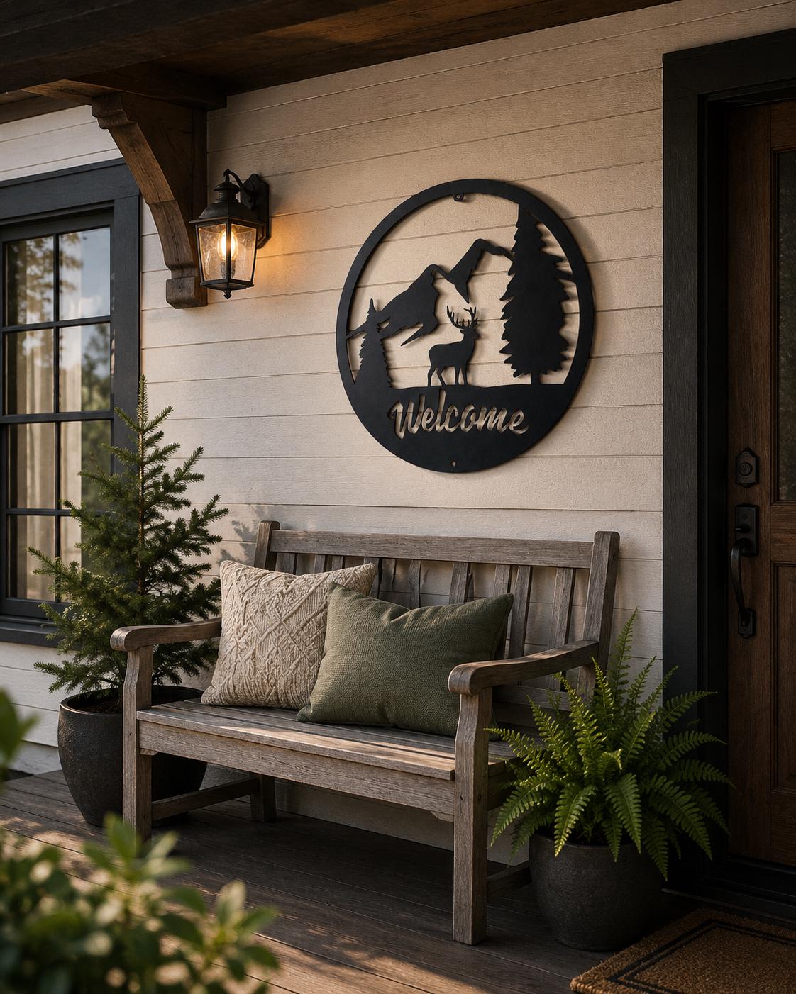 Wooden bench with decorative pillows on a porch with a 'Welcome' sign and plants.