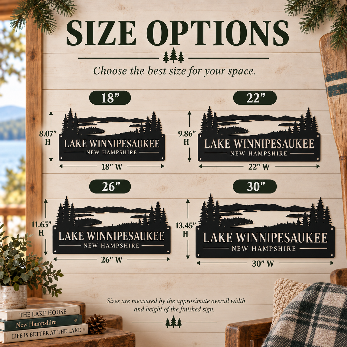Size options chart for a 'Lake Winnipesaukee New Hampshire' sign, showing four size options from 18x to 30x inches with dimensions and mockups of the sign on a rustic wood background.