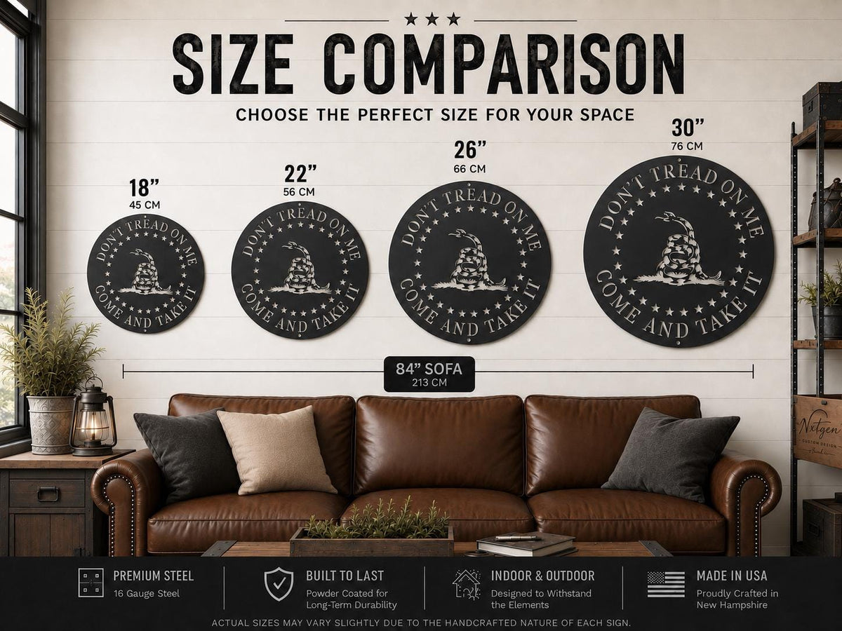 Don’t Tread On Me metal sign size comparison in 18, 22, 26 and 30 inch diameters