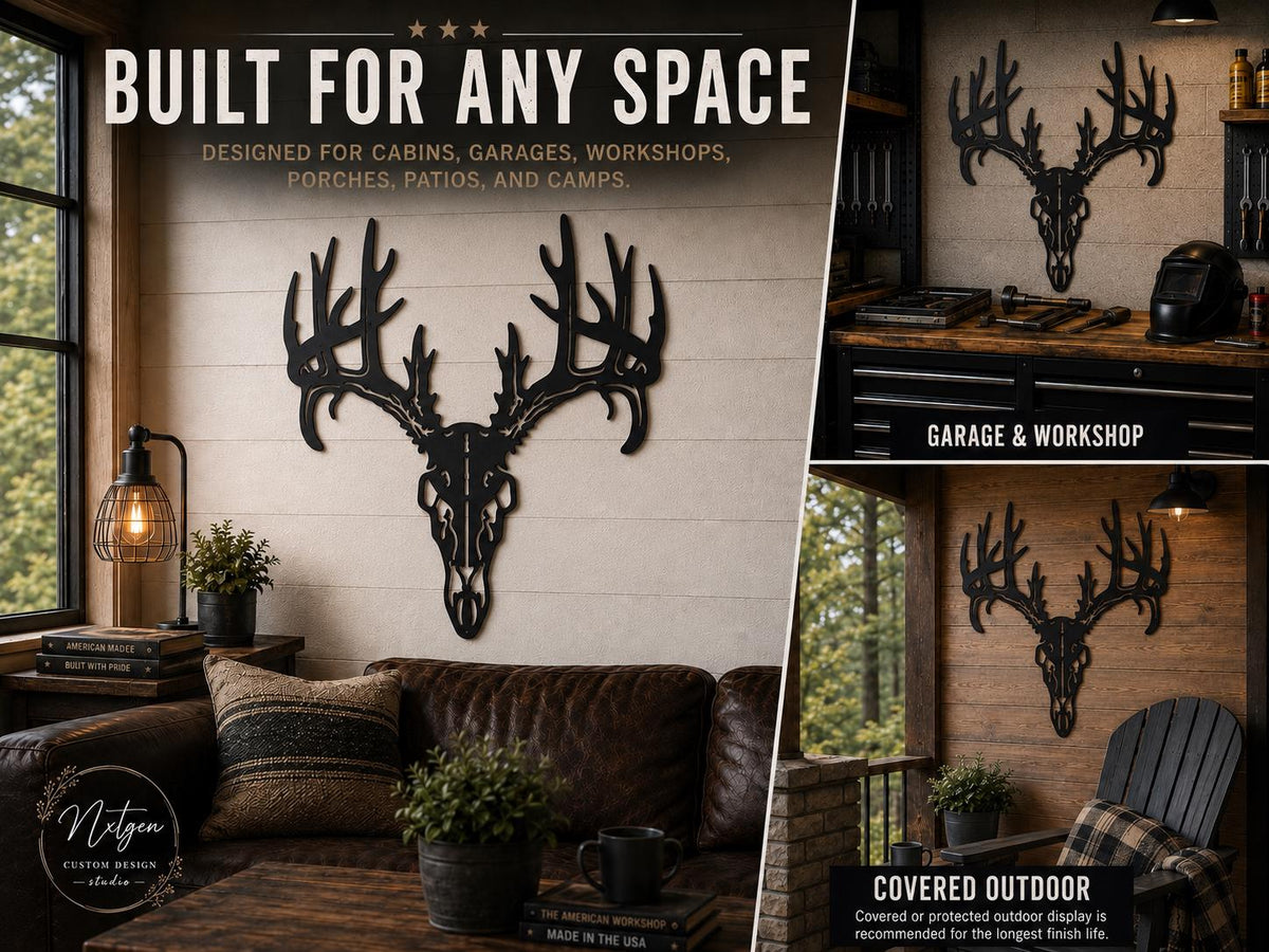 A collage showing a black metal deer skull wall art piece mounted on a wall in different real-world settings, including a living room, garage/workshop, and covered outdoor patio. Text overlays read 'BUILT FOR ANY SPACE,' 'GARAGE & WORKSHOP,' and 'COVERED OUTDOOR.