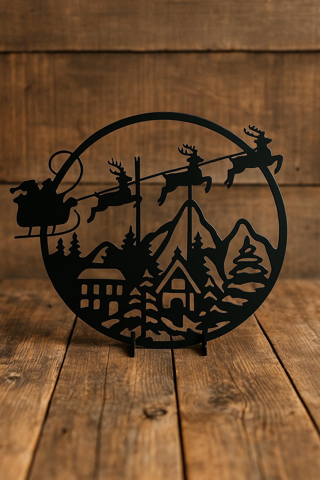 Santa & Reindeer Round Metal Sign