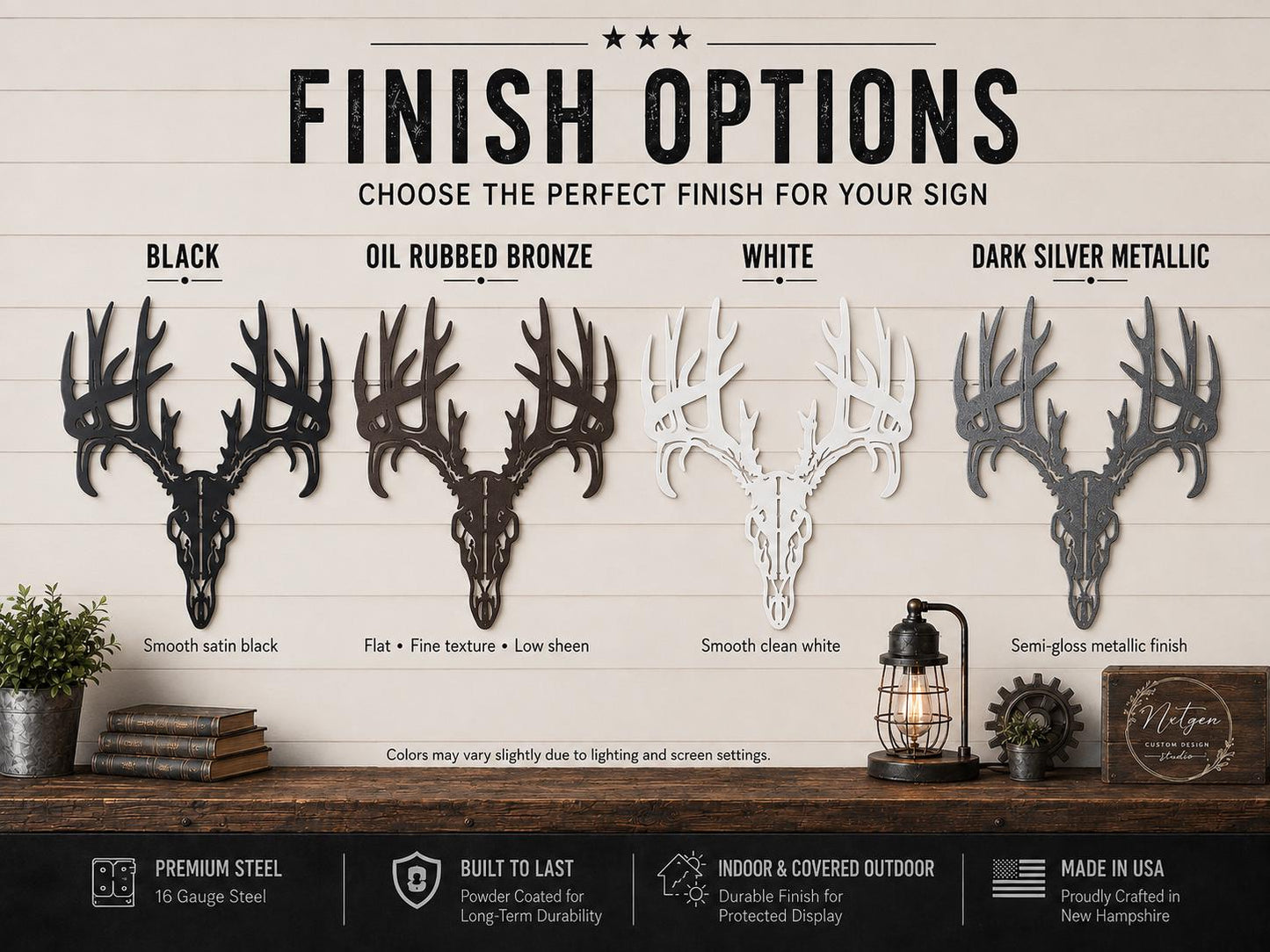 A product options graphic showing four deer skull wall signs in different finishes: black, oil rubbed bronze, white, and dark silver metallic. The signs are displayed against a white wood plank background with decorative props like a lantern, books, and plants.