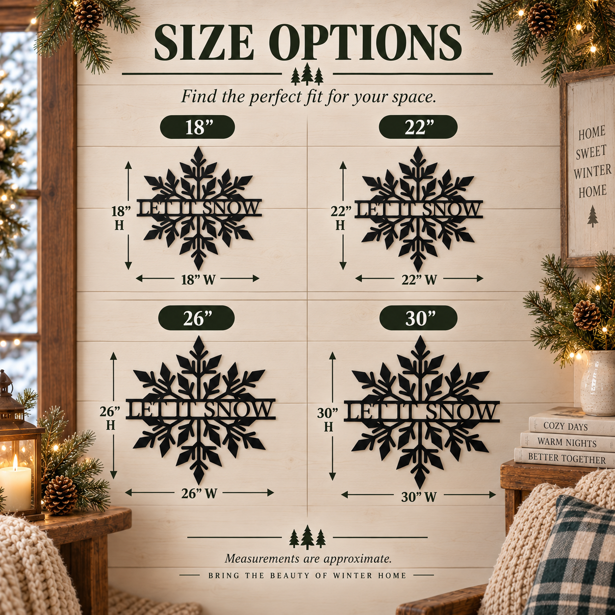 A size options chart for a black metal snowflake wall decor piece, showing four sizes (18", 22", 26", 30") with dimensions and decorative holiday background props.
