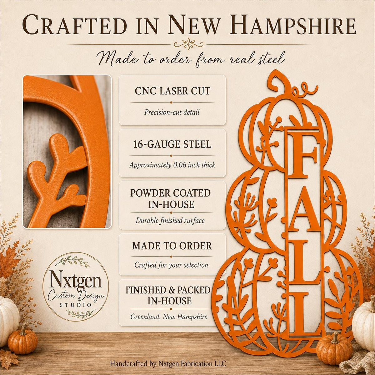 An orange laser-cut steel fall wreath with a vertical 'FALL' letter design, shown on a beige promotional graphic with product details, a close-up inset, and decorative autumn props. Visible brand: Nxtgen Custom Design Studio.
