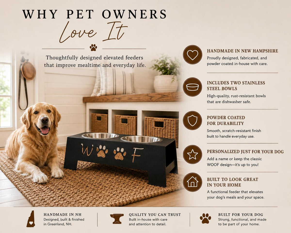 A golden retriever sits beside a black elevated pet feeder with stainless steel bowls on a beige rug in a styled home interior. The image includes marketing text and feature callouts about the feeder, such as 'Why Pet Owners Love It' and details about being handmade in New Hampshire, powder-coated durability, and personalized naming.